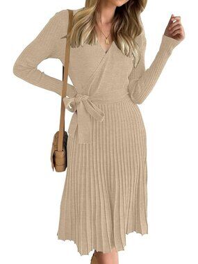 Chic Women's Fall Long Sleeve Wrap Midi Sweater Dress for Wedding Guests